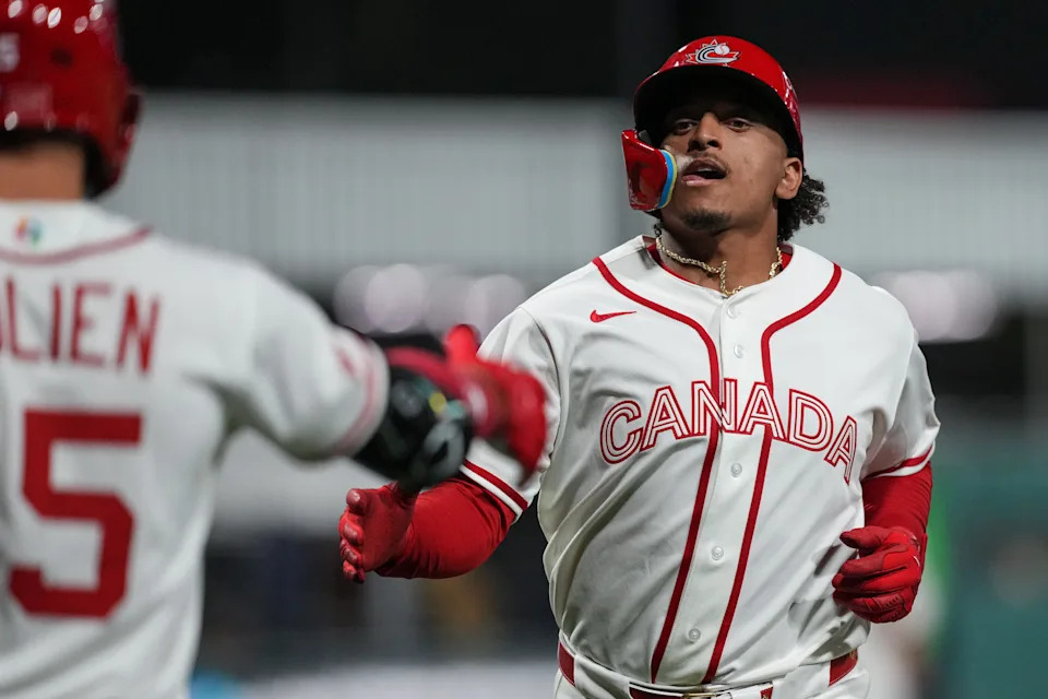 SAN JUAN, PUERTO RICO - MARCH 08: Bo Naylor #23 of Team Canada reacts after scoring in the fourth inning the 2026 World Baseball Classic Pool A game presented by Capital One between Team Panama and Team Canada at Hiram Bithorn Stadium on Sunday, March 8, 2026 in San Juan, Puerto Rico. (Photo by Mary DeCicco/WBCI/MLB Photos via Getty Images)