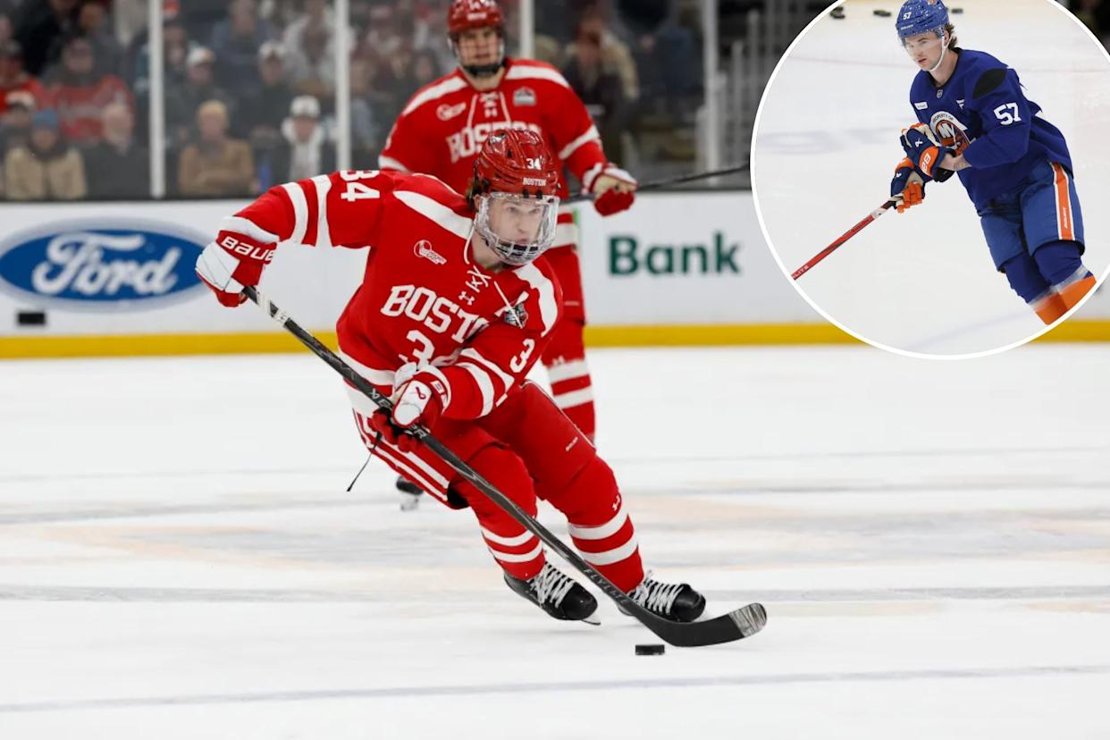 An image collage containing 2 images, Image 1 shows Cole Eiserman #34 of the Boston University Terriers skates against the Boston College Eagles in the second period during the championship game of the annual Beanpot Hockey Tournament at TD Garden on February 9, 2026 in Boston, Massachusetts, Image 2 shows New York Islanders forward Cole Eiserman (57) runs a drill during Development Camp at Northwell Health Ice Center in East Meadow, N.Y. on Monday, June 30, 2025