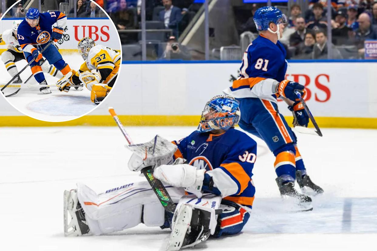 An image collage containing 2 images, Image 1 shows Goaltender Ilya Sorokin #30 of the New York Islanders reacts after he gives up a goal during the second period at UBS Arena, Monday, March 30, 2026, in Elmont, NY. , Image 2 shows New York Islanders player Mathew Barzal attempting to score against Pittsburgh Penguins goaltender Arturs Silovs