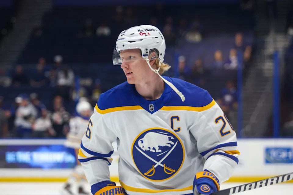 Buffalo Sabres defenseman Rasmus Dahlin (26) before the game at Benchmark International Arena.