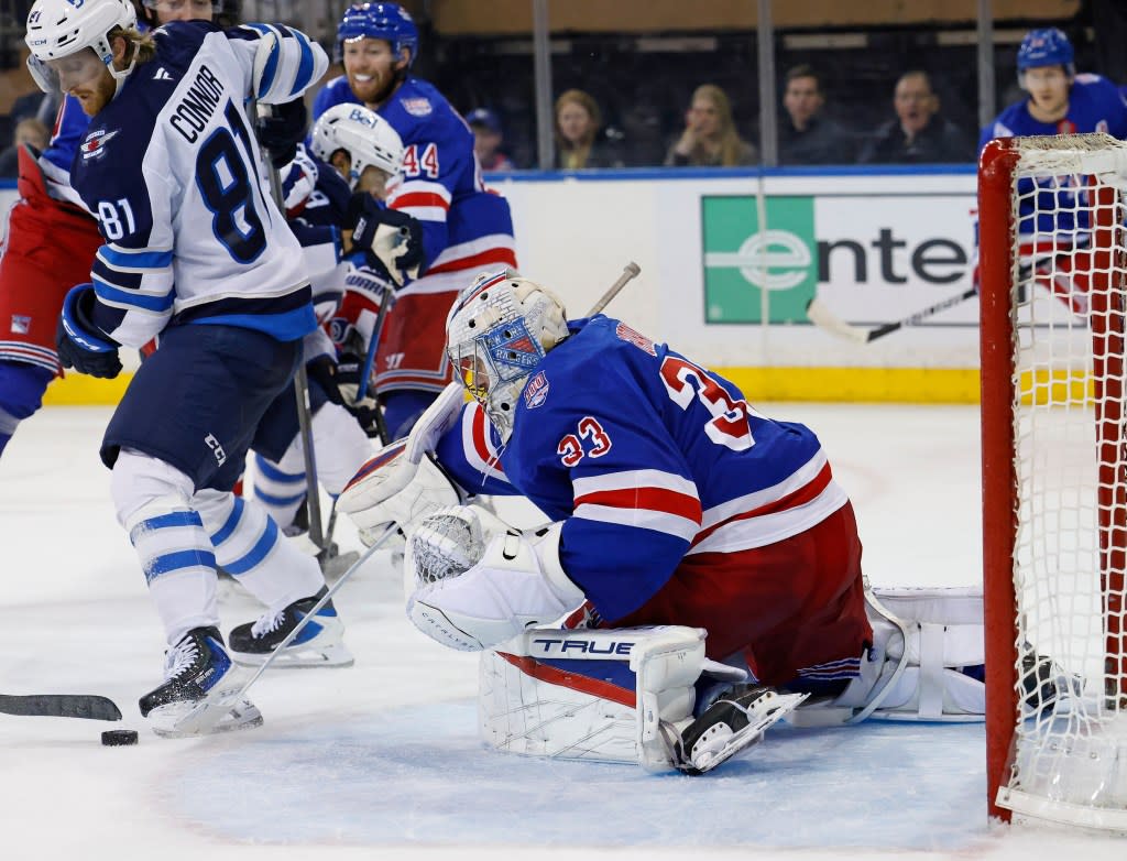Dylan Garand defends the net during the second period of the Rangers’ loss to the Jets on March 22, 2026 at Madison Square Garden. Robert Sabo for NY Post