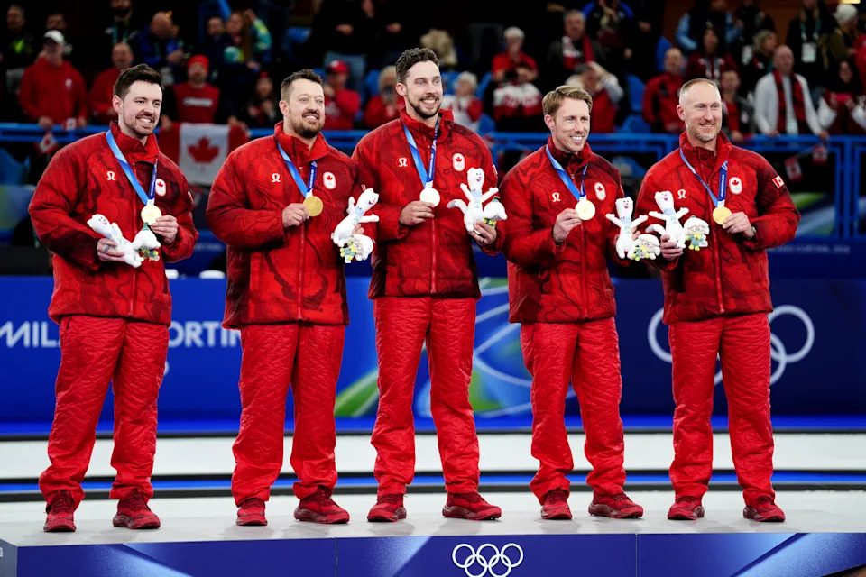 (left to right) Canada's Tyler Tardi, Ben Hebert, Brett Gallant, Marc Kennedy and Brad Jacobs celebrate with their gold medals after the Men's Curling gold medal game against Great Britain at the Curling Stadium, on day fourteen of the Milano Cortina 2026 Winter Olympics, Italy. Picture date: Saturday February 21, 2026. (Photo by Andrew Milligan/PA Images via Getty Images)