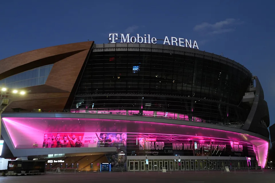 A general overall view of the T-Mobile Arena, the site of the 2025 Emirates NBA Cup Final between the New York Knicks and the San Antonio Spurs.