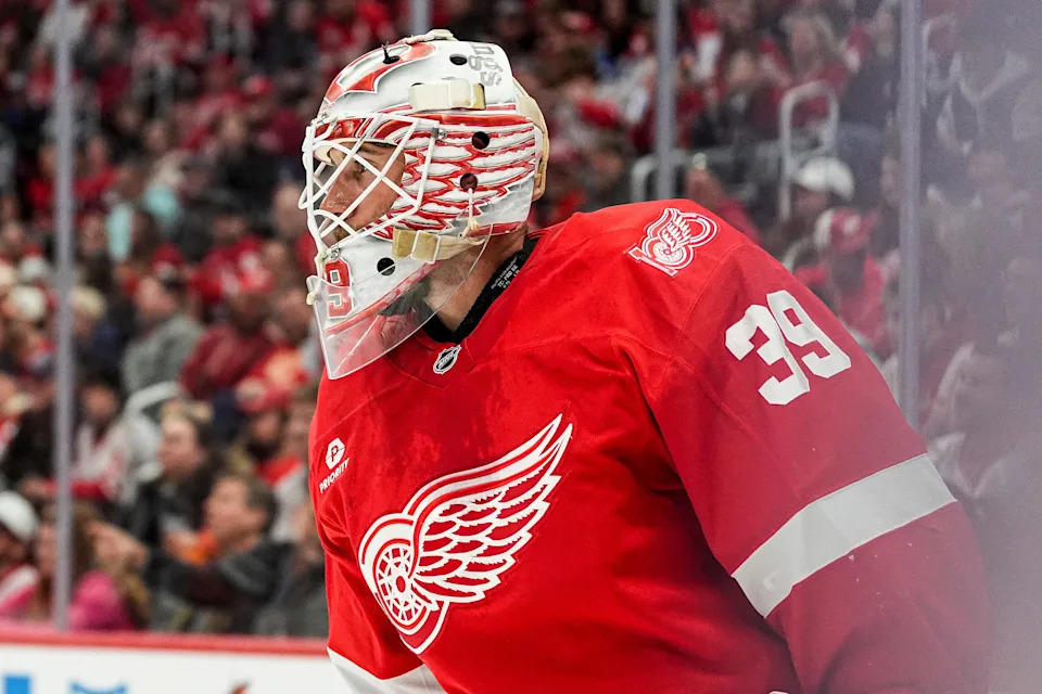 Detroit Red Wings goaltender Cam Talbot (39) looks on at a timeout against Vegas Golden Knights during the second period at Little Caesars Arena in Detroit on Wednesday, March 4, 2026.