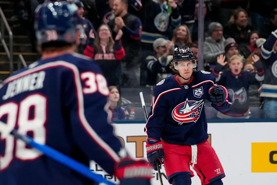 Blue Jackets center Kent Johnson has just six goals and 12 assists this season.