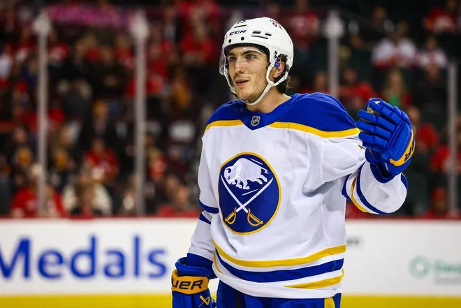 Dec 8, 2025; Calgary, Alberta, CAN; Buffalo Sabres right wing Justin Danforth (15) during the third period against the Calgary Flames at Scotiabank Saddledome.