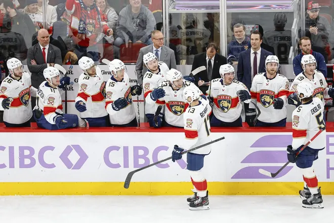 Jan 25, 2026; Chicago, Illinois, USA; Florida Panthers center Sam Reinhart (13) celebrates with teammates after scoring against the Chicago Blackhawks during the third period at United Center.