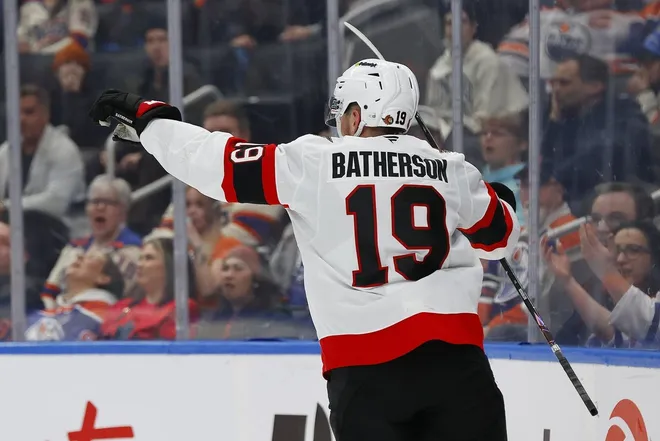 Mar 3, 2026; Edmonton, Alberta, CAN; Ottawa Senators forward Drake Batherson (19) celebrates his goal scored during the second period against the Edmonton Oilers at Rogers Place.