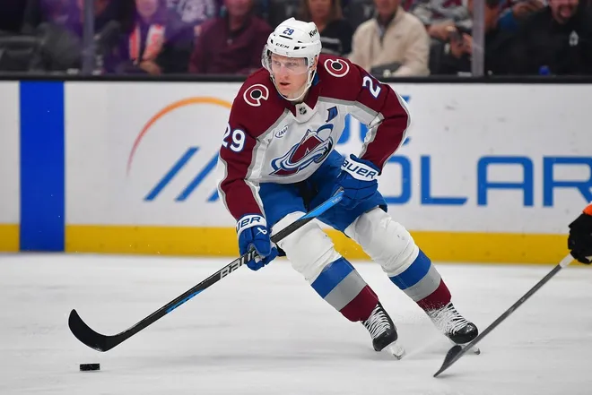 Mar 3, 2026; Anaheim, California, USA; Colorado Avalanche center Nathan MacKinnon (29) controls the puck against the Anaheim Ducks during the third period at Honda Center.
