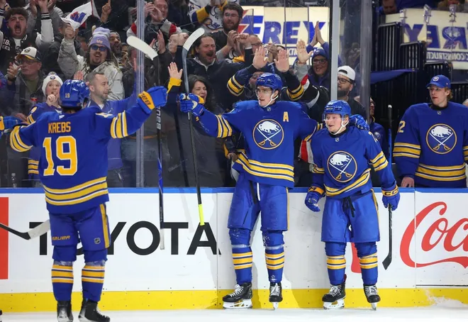 Mar 3, 2026; Buffalo, New York, USA; Buffalo Sabres center Tage Thompson (72) celebrates his goal with teammates during the second period against the Vegas Golden Knights at KeyBank Center.