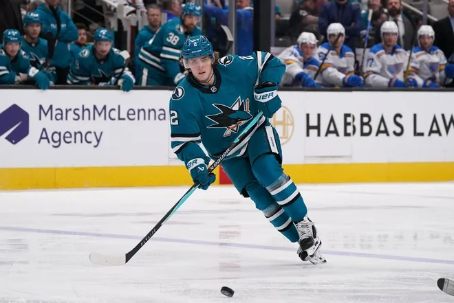 Mar 6, 2026; San Jose, California, USA; San Jose Sharks center Will Smith (2) controls the puck against the St. Louis Blues in the second period at SAP Center at San Jose.