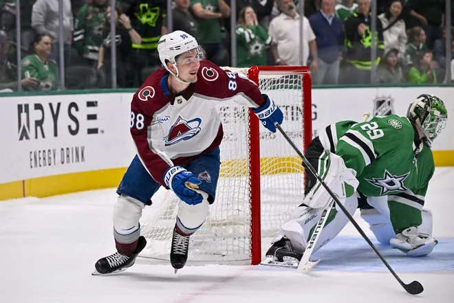 Mar 6, 2026; Dallas, Texas, USA; Colorado Avalanche center Martin Necas (88) celebrates after he scores the game winning goal against Dallas Stars goaltender Jake Oettinger (29) during the overtime shootout period at the American Airlines Center.