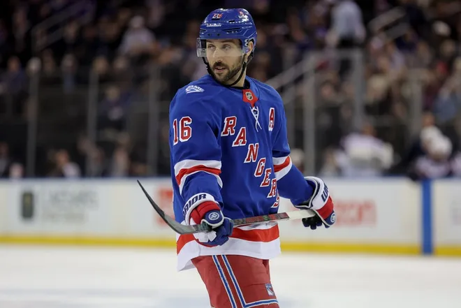 Mar 2, 2026; New York, New York, USA; New York Rangers center Vincent Trocheck (16) skates against the Columbus Blue Jackets during the second period at Madison Square Garden.