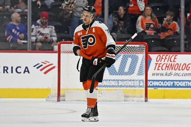 Mar 9, 2026; Philadelphia, Pennsylvania, USA; Philadelphia Flyers right wing Travis Konecny (11) skates on the ice after loss to the New York Rangers at Xfinity Mobile Arena.