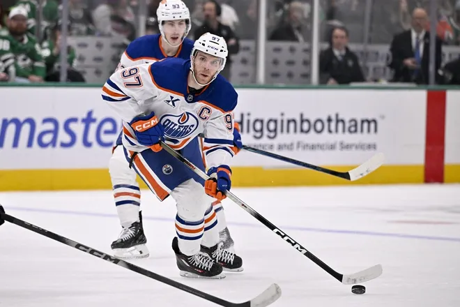 Mar 12, 2026; Dallas, Texas, USA; Edmonton Oilers center Connor McDavid (97) skates against the Dallas Stars during the third period at the American Airlines Center.