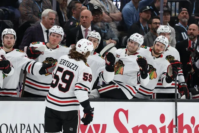 Mar 12, 2026; Salt Lake City, Utah, USA; The Chicago Blackhawks celebrate a goal by Chicago Blackhawks left wing Tyler Bertuzzi (59) against the Utah Mammoth during the third period at Delta Center.