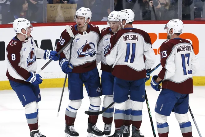 Mar 14, 2026; Winnipeg, Manitoba, CAN; Colorado Avalanche center Martin Necas (88) celebrates a goal against the Winnipeg Jets in the third period at Canada Life Centre.