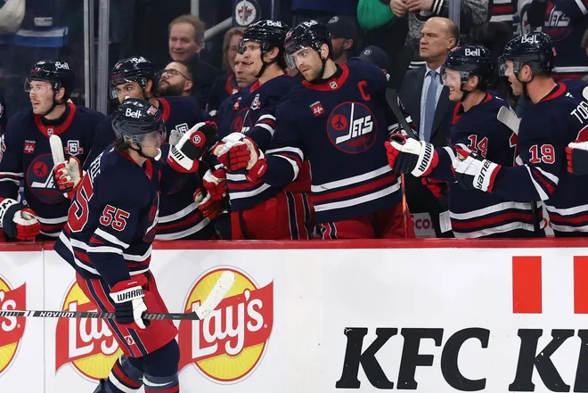Mar 15, 2026; Winnipeg, Manitoba, CAN; Winnipeg Jets center Mark Scheifele (55) celebrates a goal against the St. Louis Blues in the first period at Canada Life Centre.