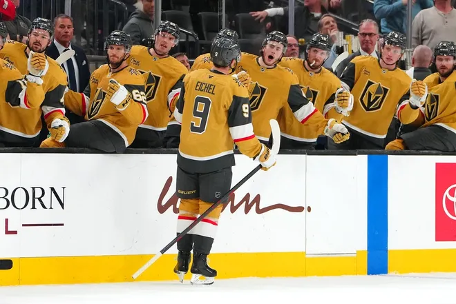 Mar 12, 2026; Las Vegas, Nevada, USA; Vegas Golden Knights center Jack Eichel (9) celebrates after scoring a goal against the Pittsburgh Penguins during the third period at T-Mobile Arena.