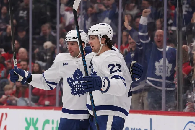 Mar 4, 2026; Newark, New Jersey, USA; Toronto Maple Leafs left wing Matthew Knies (23) celebrates his goal against the New Jersey Devils during the third period at Prudential Center.