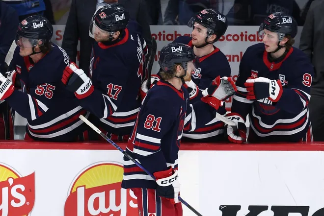 Mar 15, 2026; Winnipeg, Manitoba, CAN; Winnipeg Jets left wing Kyle Connor (81) celebrates a goal against the St. Louis Blues in the third period at Canada Life Centre.