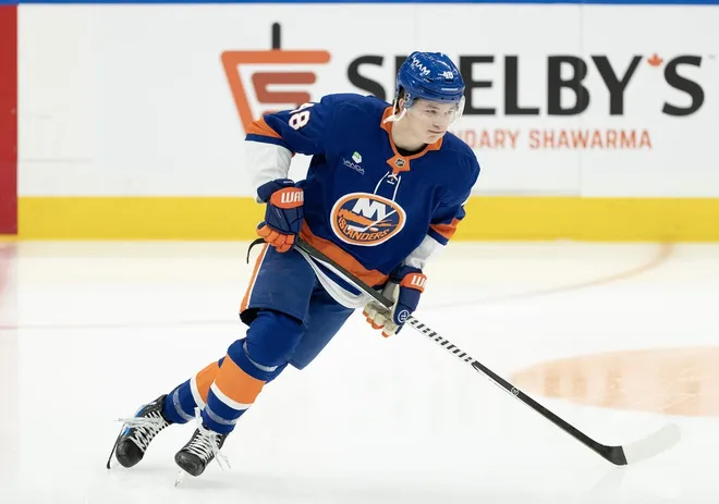 Mar 17, 2026; Toronto, Ontario, CAN; New York Islanders defenseman Matthew Schaefer (48) skates during the warmup before a game against the Toronto Maple Leafs at Scotiabank Arena.