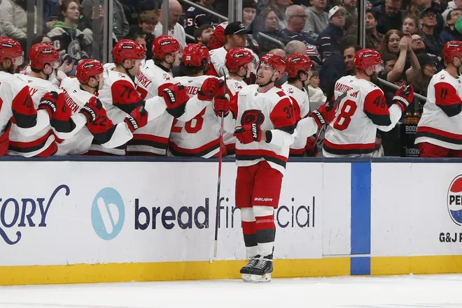 Mar 17, 2026; Columbus, Ohio, USA; Carolina Hurricanes right wing Andrei Svechnikov (37) celebrates his goal against the Columbus Blue Jackets during the second period at Nationwide Arena.