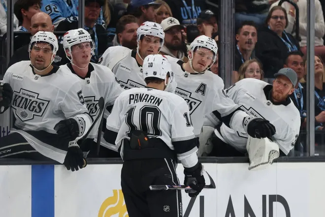 Mar 22, 2026; Salt Lake City, Utah, USA; Los Angeles Kings left wing Artemi Panarin (10) celebrates scoring a goal against the Utah Mammoth with teammates during the third period at Delta Center.