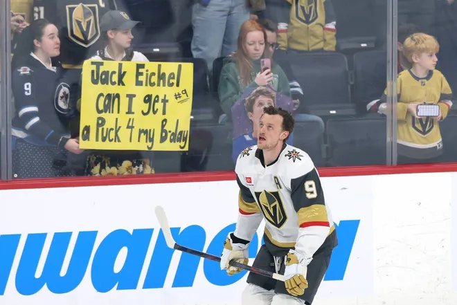 Mar 24, 2026; Winnipeg, Manitoba, CAN; Vegas Golden Knights center Jack Eichel (9) skates past fans before a game against the Winnipeg Jets at Canada Life Centre.