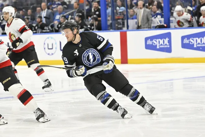 Mar 28, 2026; Tampa, Florida, USA; Tampa Bay center Jake Guentzel (59) skates during the third period against Ottawa Senators at Benchmark International Arena.