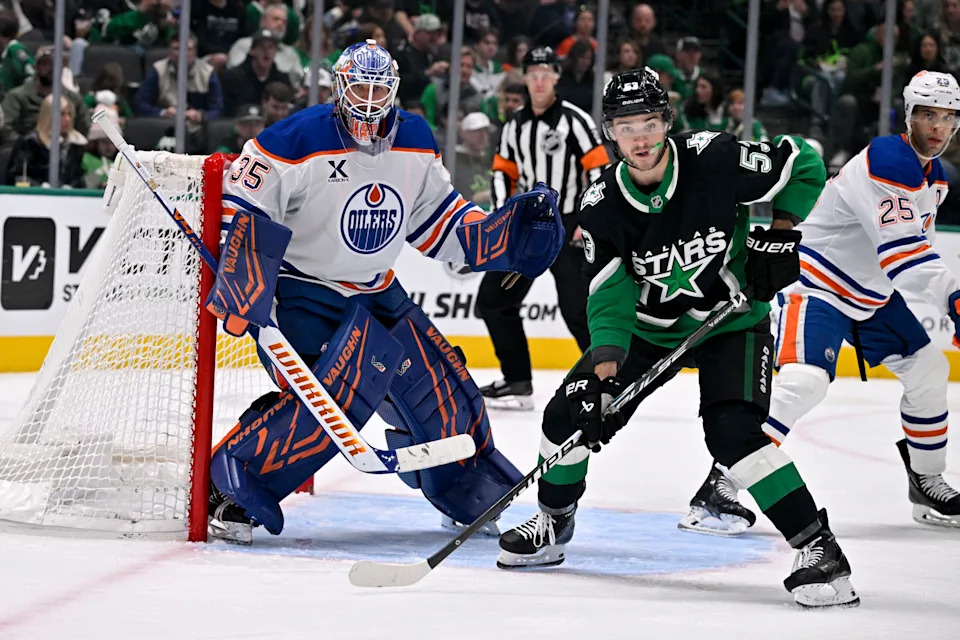 <p>Mar 12, 2026; Dallas, Texas, USA; Dallas Stars center Wyatt Johnston (53) looks for the puck in front of Edmonton Oilers goaltender Tristan Jarry (35) during the second period at the American Airlines Center. Mandatory Credit: Jerome Miron-Imagn Images</p>