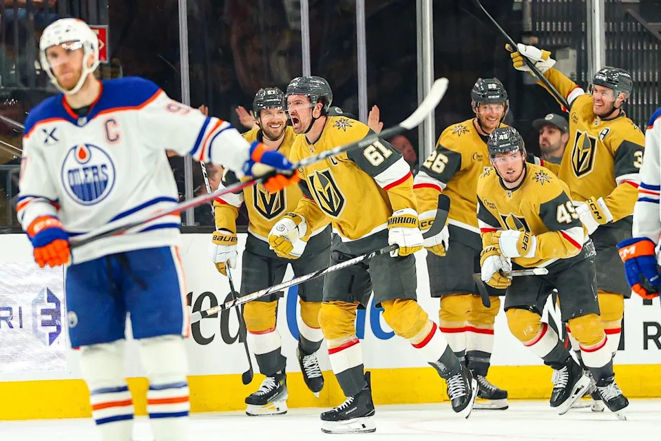 Vegas Golden Knights F Mark Stone (61) reacts after scoring a goal against the Edmonton Oilers on Thursday, March 26, 2026, in Las Vegas, Nevada.