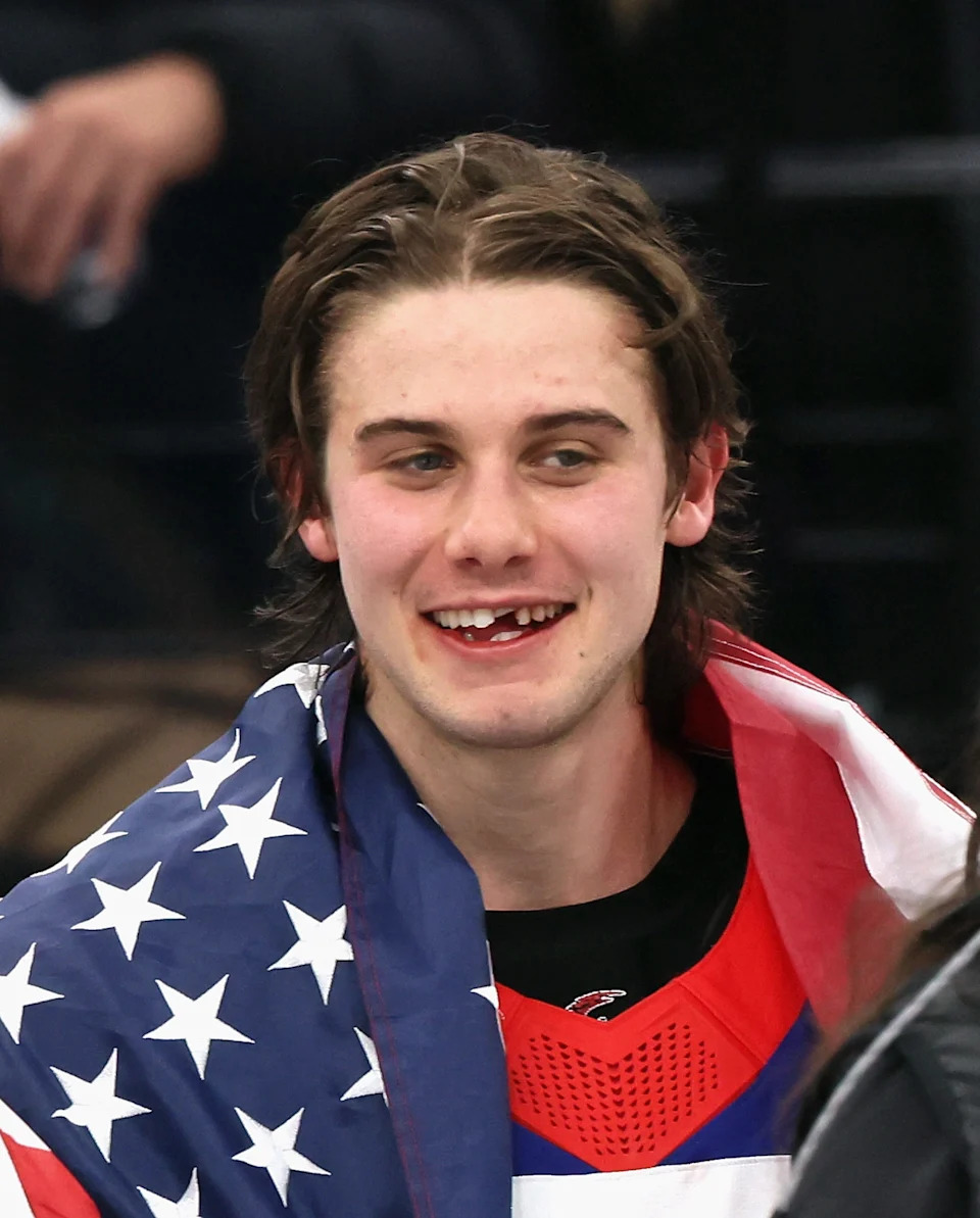 Jack Hughes of Team USA celebrates following the Men's Gold Medal match between Canada and the United States at the 2026 Winter Olympic games at Milano Santagiulia Ice Hockey Arena on Feb.22, 2026 in Milan, Italy. The United States defeated Canada 2-1 in overtime.