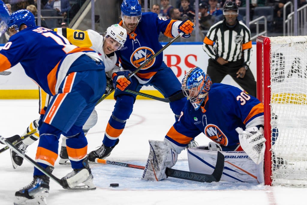 Ilya Sorokin #30 of the New York Islanders defends the net during the second period at UBS Arena, Monday, March 30, 2026, in Elmont, NY. Corey Sipkin for the NY POST