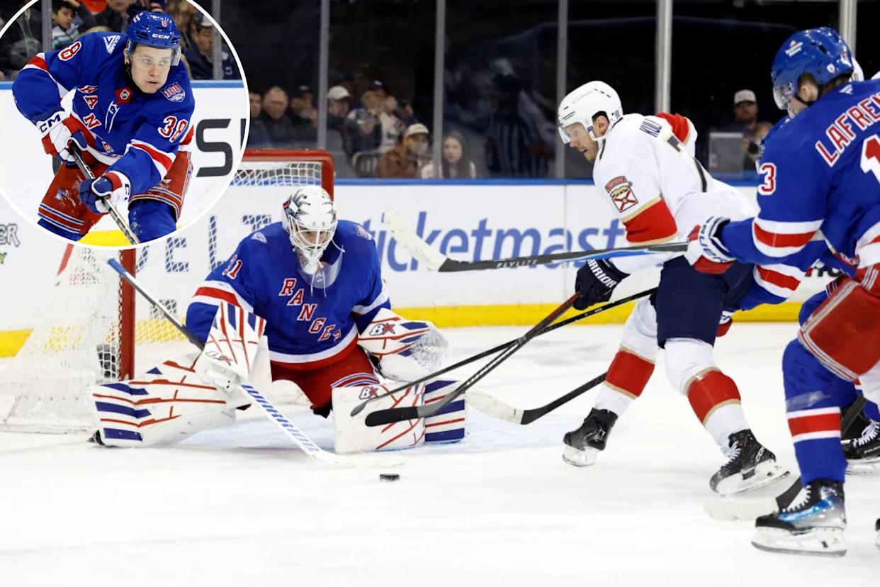 An image collage containing 2 images, Image 1 shows Rangers goaltender Igor Shesterkin (31)makes a save on a shot by the Florida Panthers defenseman Dmitry Kulikov (7) on March 29, 2026, Image 2 shows Rangers wing Adam Sykora during the team's win over the Panthers on March 29, 2026