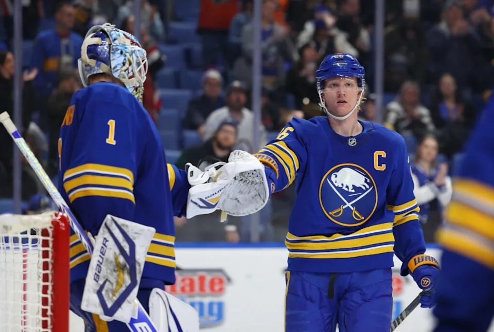 Buffalo Sabres goaltender Ukko-Pekka Luukkonen (1) and defenseman Rasmus Dahlin (26) 