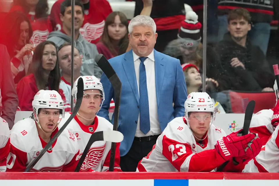 Feb 28, 2026; Raleigh, North Carolina, USA; Detroit Red Wings head coach Todd McLellan looks on against the Carolina Hurricanes during the third period at Lenovo Center. Mandatory Credit: James Guillory-Imagn Images
