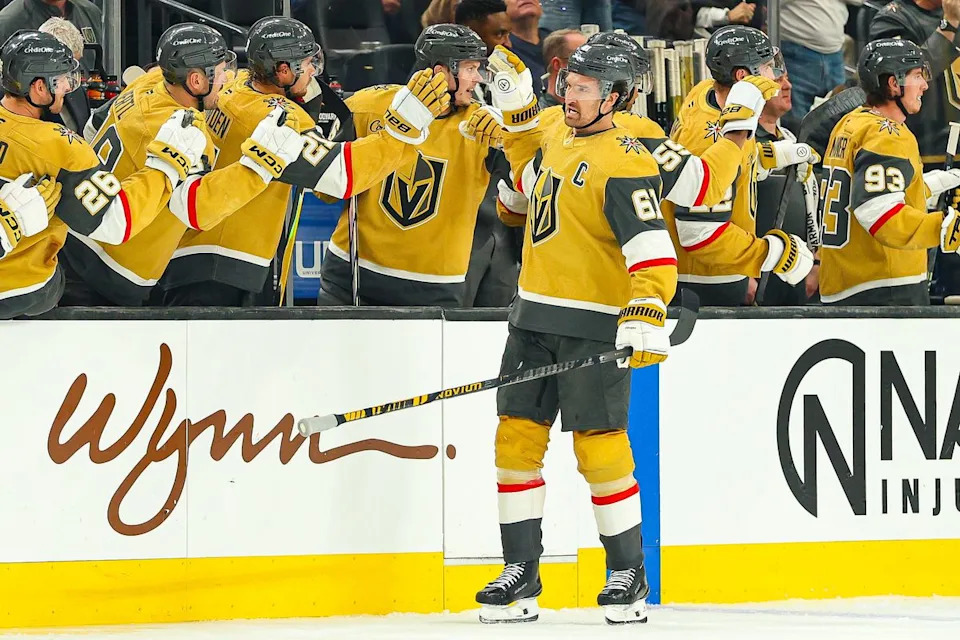 Vegas Golden Knights F Mark Stone (61) skates past his bench after scoring a goal against the Edmonton Oilers on Thursday, March 26, 2026, in Las Vegas, Nevada.