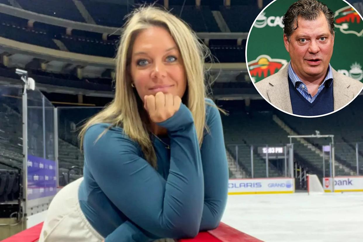An image collage containing 2 images, Image 1 shows Jessi Pierce leaning on the hockey rink boards, Image 2 shows Minnesota Wild general manager Bill Guerin talks to the media prior to an NHL hockey game between the Wild and the Ottawa Senators, Saturday, Dec. 13, 2025