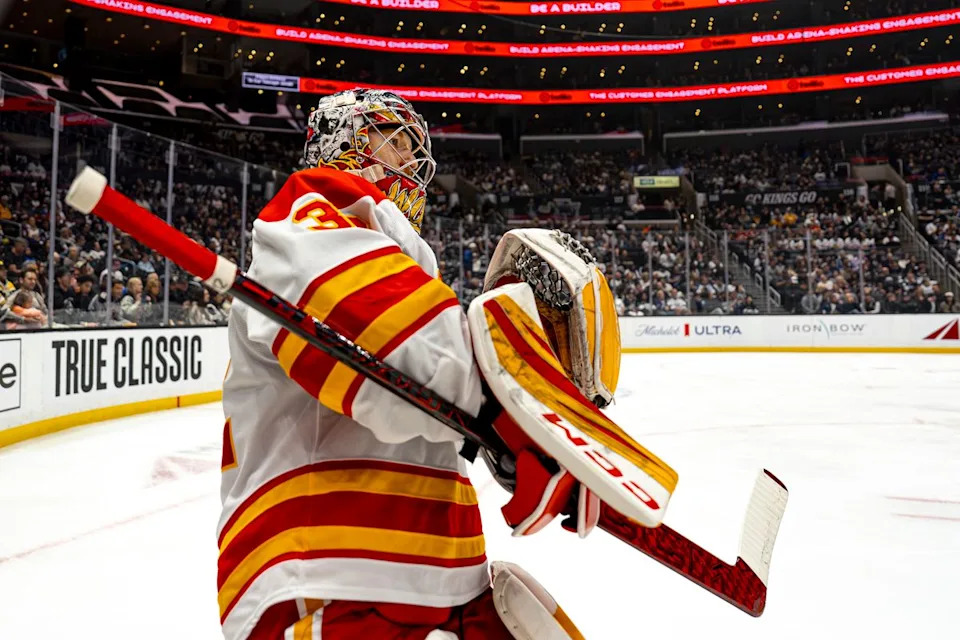 Calgary Flames goalie Dustin Wolf (32) during an NHL hockey game against the Los Angeles Kings on February 26th, 2026 in Los Angeles, CA.