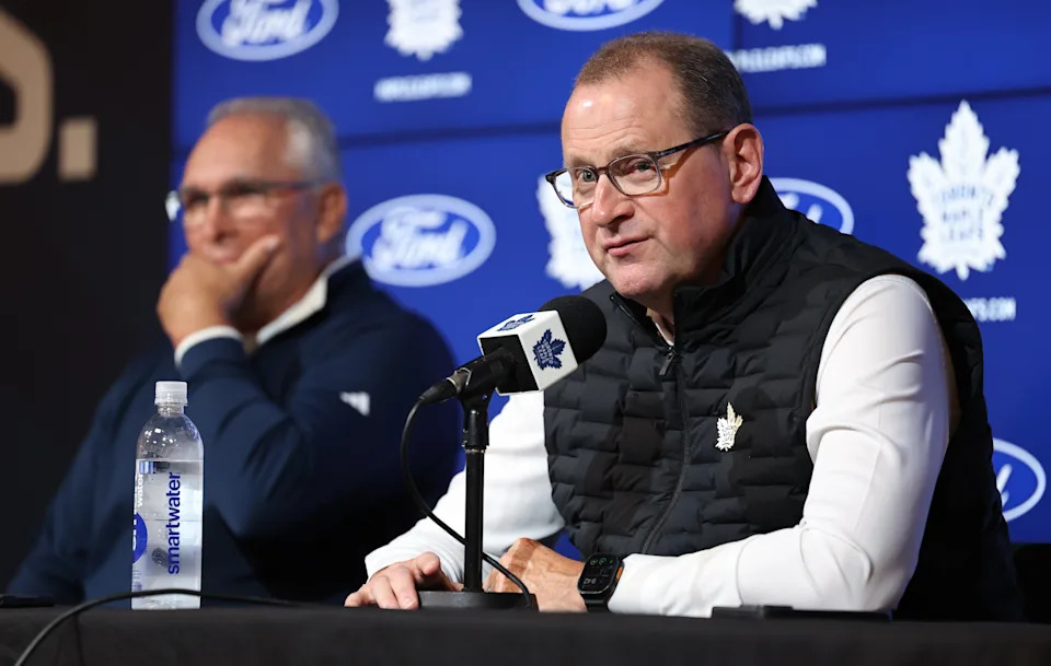 TORONTO, ON - September 17  Leafs General Manager Brad Treliving chats to the media with Head Coach Craig Berube to the left.
The Toronto Maple Leafs held a media availability prior to to their first skate of the season tomorrow at their practice facility at the Ford Performance Centre.
September 17 2025 Richard Lautens/Toronto Star        (Photo by Richard Lautens/Toronto Star via Getty Images)