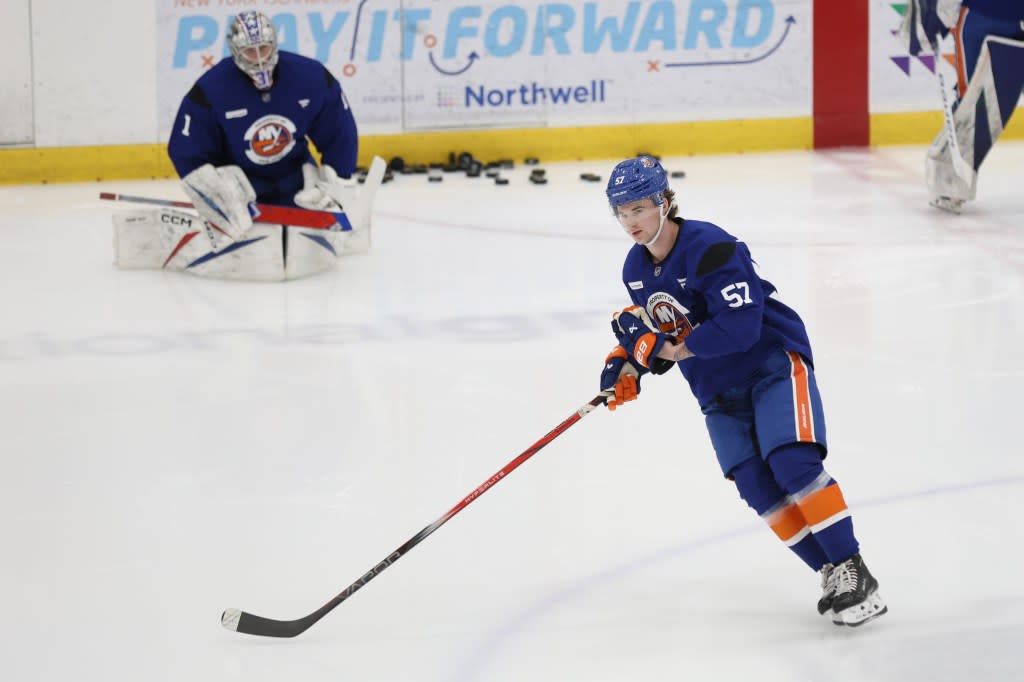 New York Islanders forward Cole Eiserman (57) runs a drill during Development Camp at Northwell Health Ice Center in East Meadow, N.Y. on Monday, June 30, 2025. Heather Khalifa for the NY Post