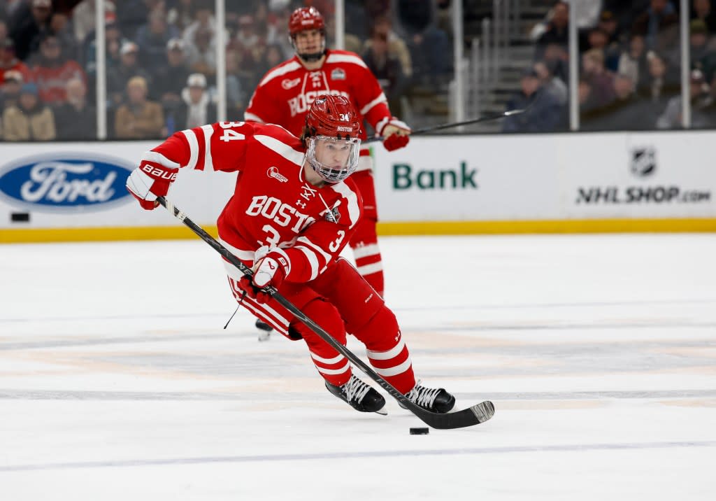 Cole Eiserman of the Boston University Terriers skates against the Boston College Eagles in the second period during the championship game of the annual Beanpot Hockey Tournament at TD Garden on February 9, 2026 in Boston, Massachusetts. Getty Images