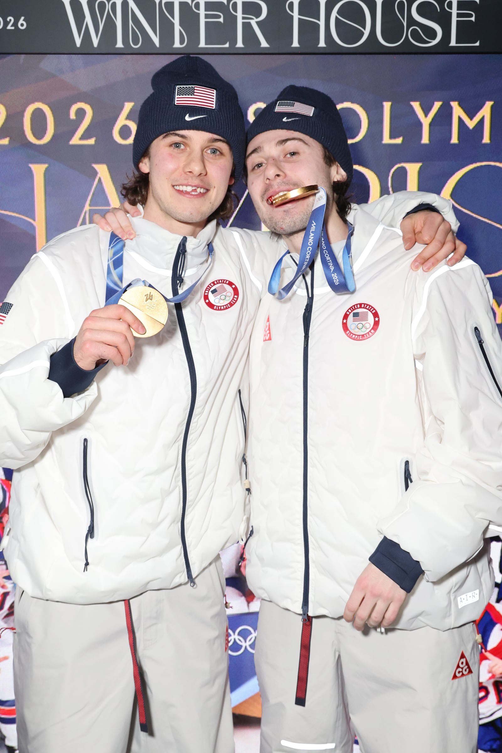 Olympians Quinn Hughes and Jack Hughes in Milan, 2026.