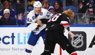 Tampa Bay Lightning defenseman Darren Raddysh (43) and Buffalo Sabres defenseman Rasmus Dahlin fight during the first period of an NHL hockey game, Sunday, March 8, 2026, in Buffalo, N.Y. (AP Photo/Jeffrey T. Barnes)
