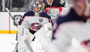 Columbus Blue Jackets goaltender Jet Greaves (73) guards his net during the second period of an NHL hockey game against the Los Angeles Kings Monday, Dec. 22, 2025, in Los Angeles. (AP Photo/Jae C. Hong)