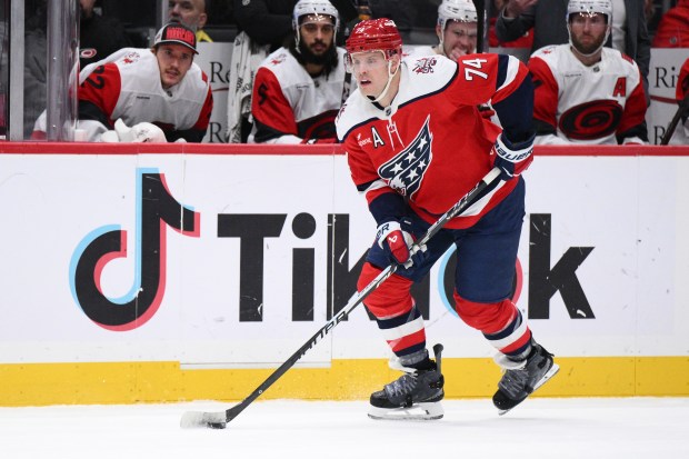 Washington Capitals defenseman John Carlson (74) in action during the first period of an NHL hockey game against the Carolina Hurricanes, Saturday, Jan. 31, 2026, in Washington. (AP Photo/Nick Wass)