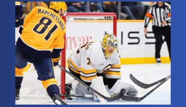 Boston Bruins goaltender Joonas Korpisalo (70) blocks a shot on goal by Nashville Predators center Jonathan Marchessault (81) during the second period of an NHL hockey game Thursday, March 5, 2026, in Nashville, Tenn. (AP Photo/George Walker IV)