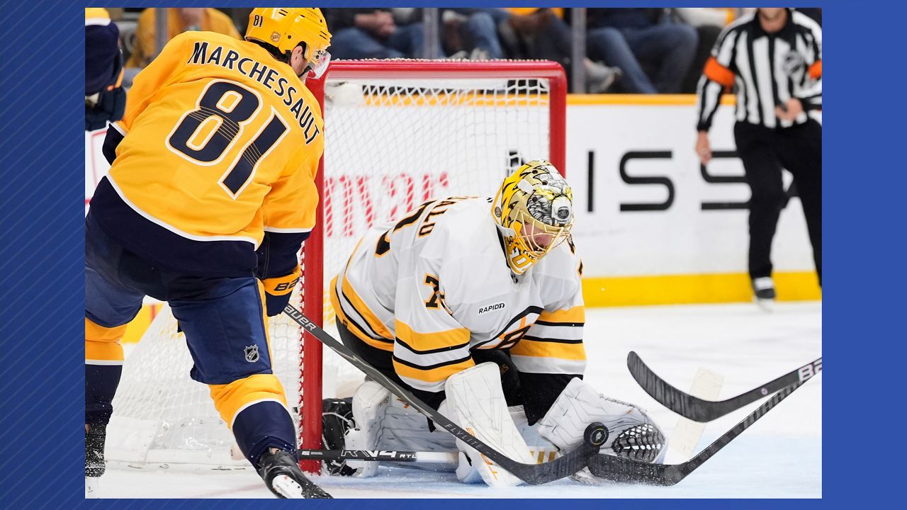 Boston Bruins goaltender Joonas Korpisalo (70) blocks a shot on goal by Nashville Predators center Jonathan Marchessault (81) during the second period of an NHL hockey game Thursday, March 5, 2026, in Nashville, Tenn. (AP Photo/George Walker IV)