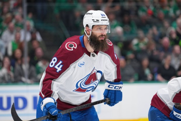 Avalanche defenseman Brent Burns looks on during the first period of a game against the Dallas Stars Friday, March 6, 2026, in Dallas. (AP Photo/Julio Cortez)